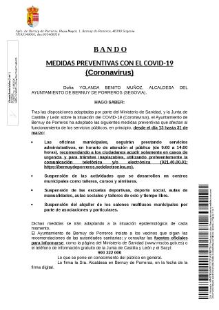 Imagen BANDO: MEDIDAS PREVENTIVAS CON EL COVID-19 (CORONAVIRUS)